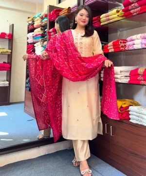 AKSHAR DESIGNER PINK BANDHEJ KURTI WHOLESALE