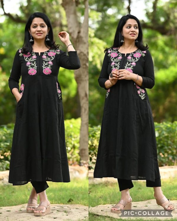 MURTI TRENDS COTTON 2 SIDE POCKET BLACK KURTI