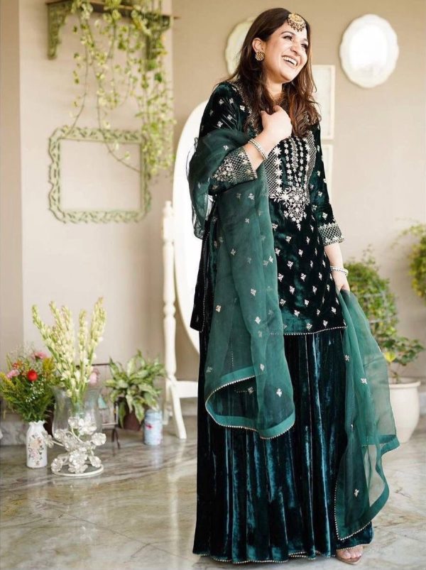 WOMEN WASTRA FD 7836 B TRENDING VELVET SHARARA SUITS