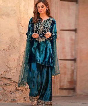 LC 1433 FANCY LACE EMBROIDERED VELVET PLAZZO SUIT